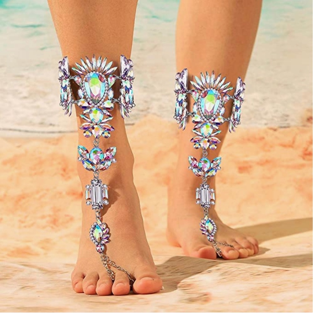 Woeoe Rhinestone Silver Crystal Barefoot Pearl Anklets Beach Foot Charm Jewelry